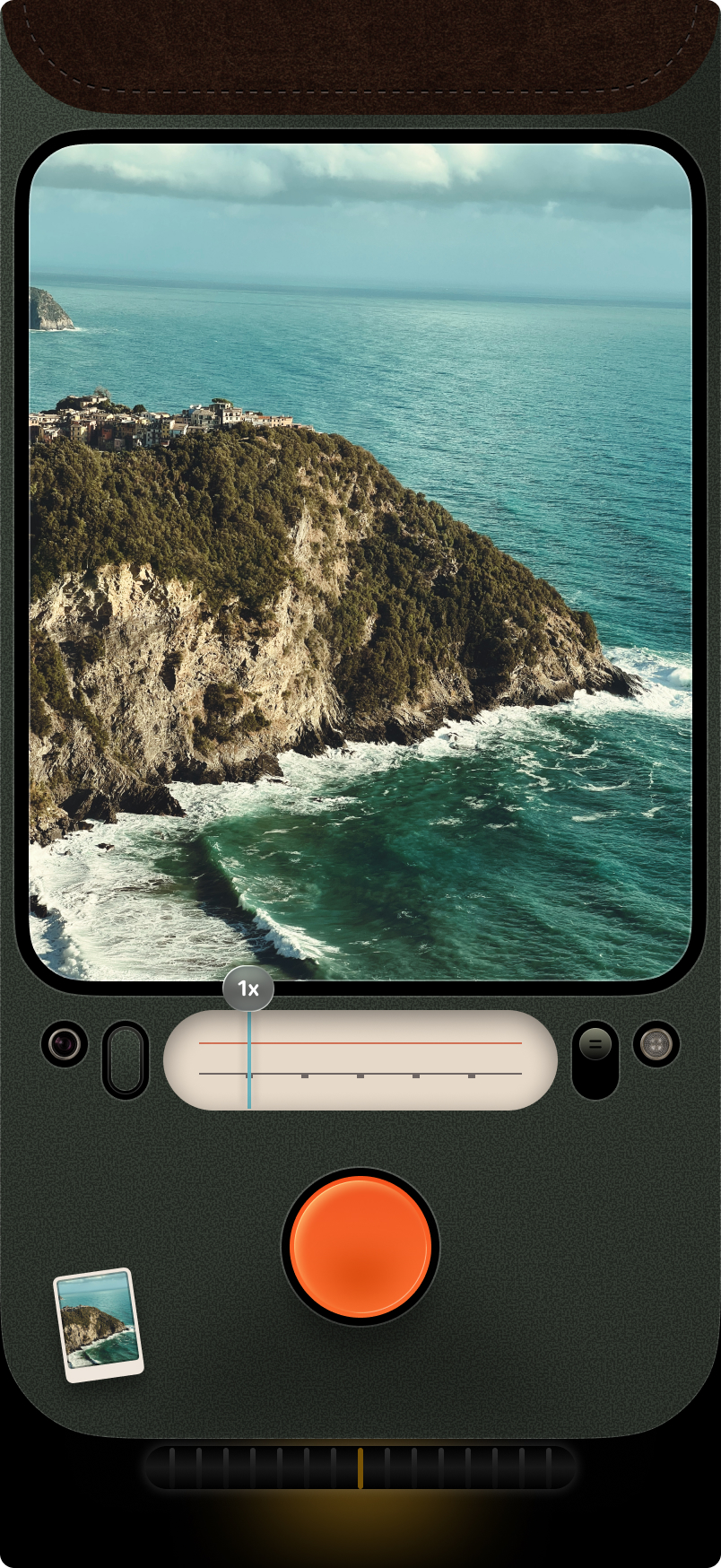 The Campera camera screen, framing a cliffside coastline