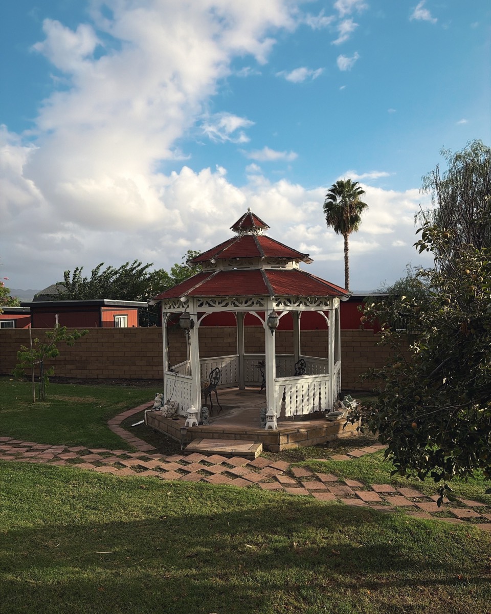 A gazebo under clouds, shot in the Anchoa look